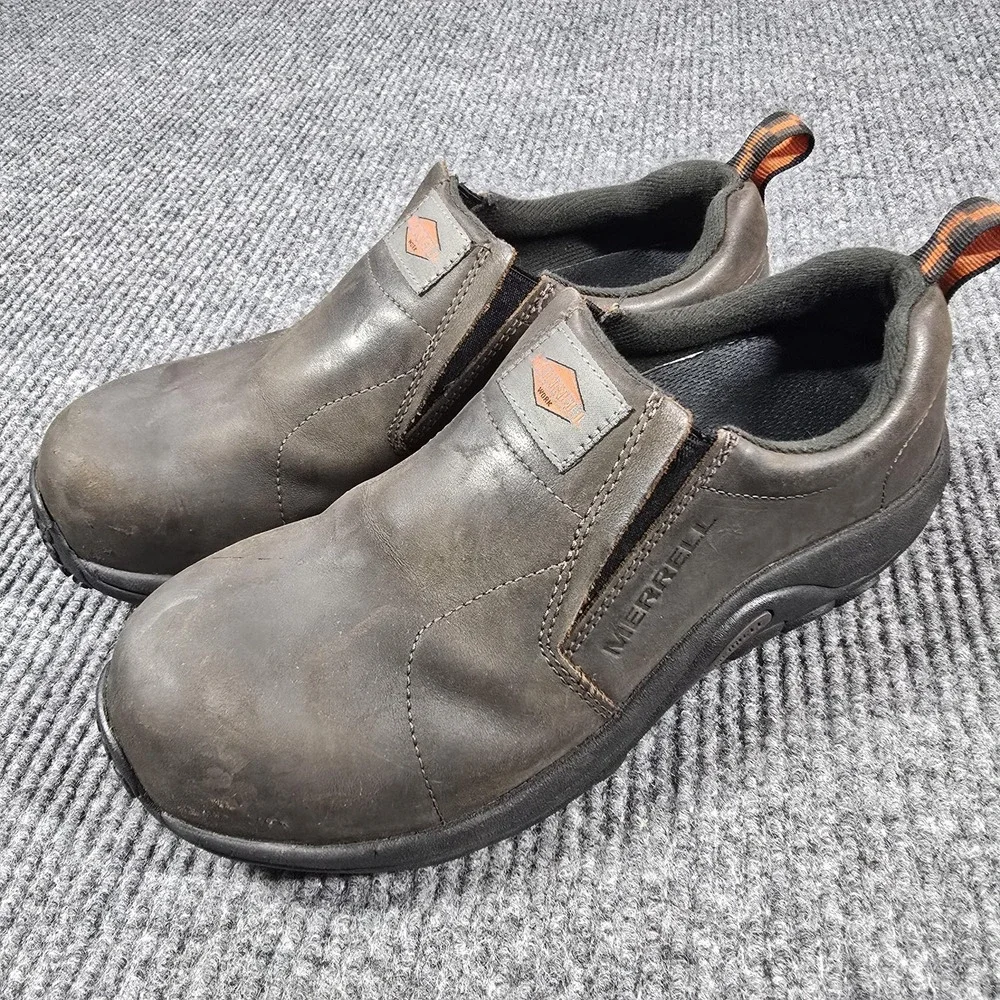Merrell Jungle Moc Work Shoes Mens Size‎ 8.5 Brown Slip-On Safety Toe J099319
